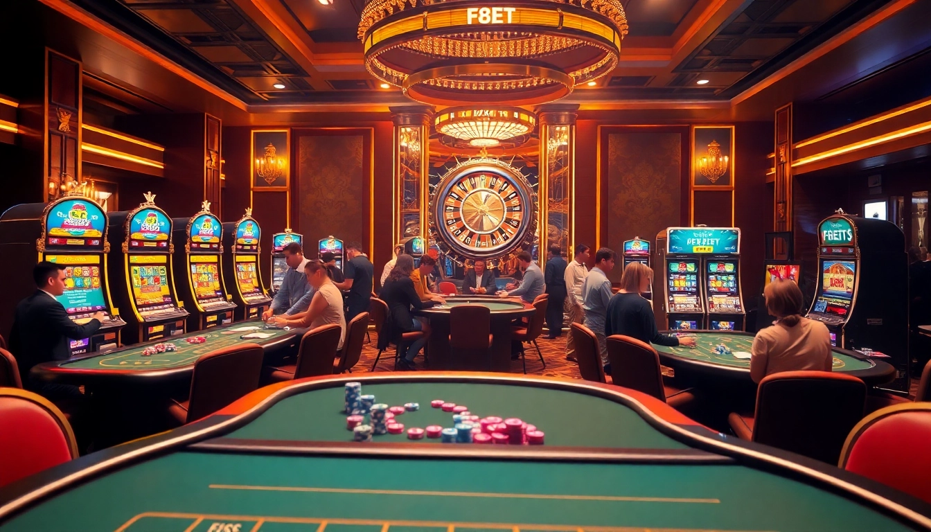 Exciting gambling scene at F8BET casino with vibrant tables and energetic players.