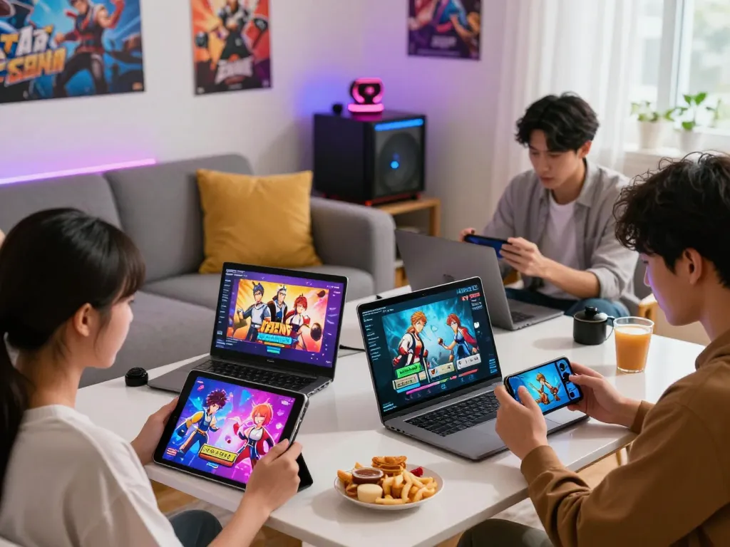 Players enjoying sex games on various devices in a cozy gaming atmosphere with colorful graphics.