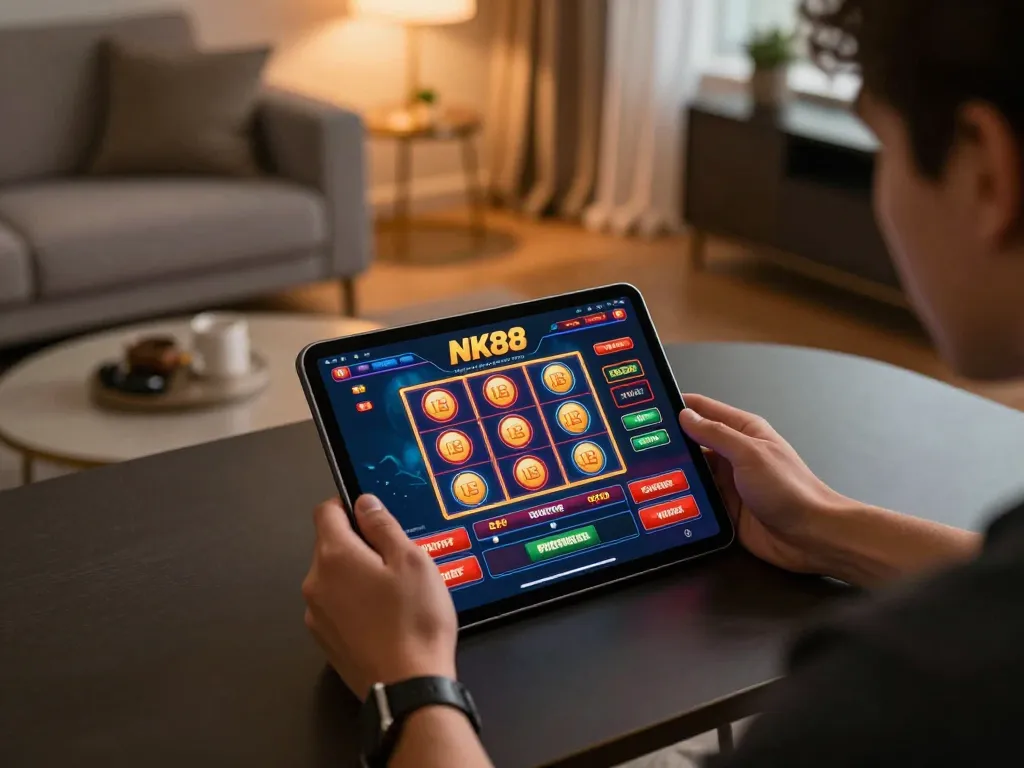 Experience thrilling online gambling with NK88 on a cozy tablet setup.