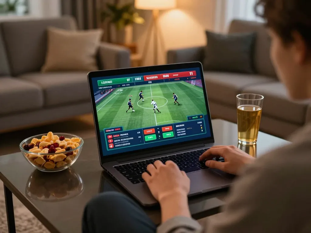 Engaging in online sports betting at home, highlighting Best Safe Non AAMS casinos experience in a cozy setting.