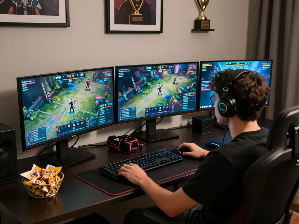 Person engaging in esports betting on TR88 platform with multiple screens displaying games.