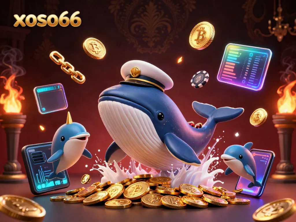Engage with thrilling winnings at xoso66, featuring a captain whale and playful dolphins amidst shimmering coins.
