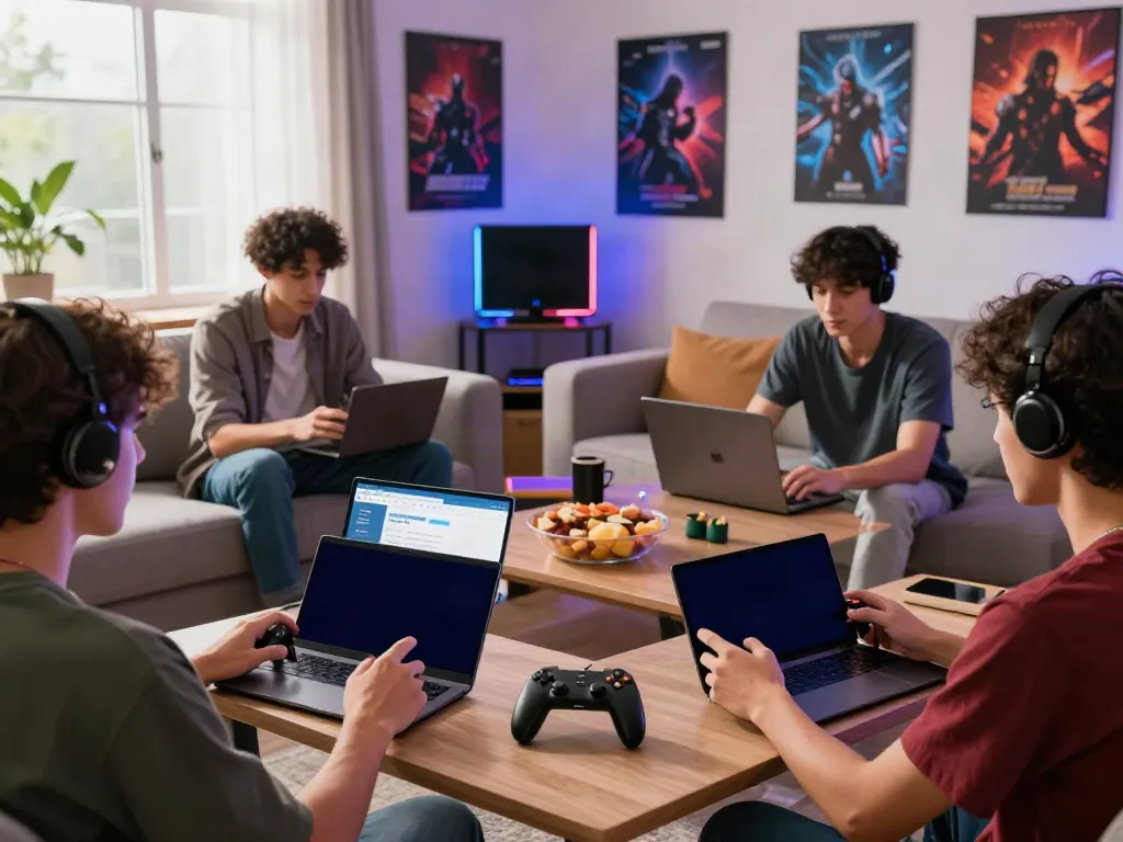 A80 gaming platform scene with friends engaging in gaming on multiple devices in a vibrant living room.