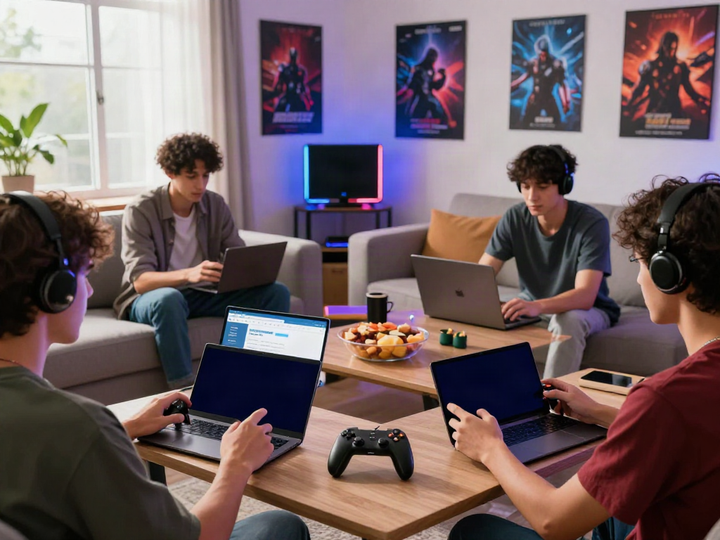 A80 gaming platform scene with friends engaging in gaming on multiple devices in a vibrant living room.