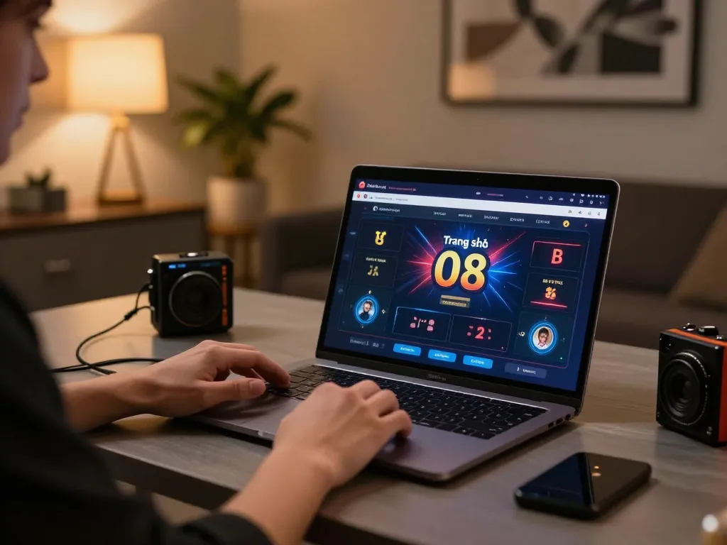 Engaging in online gameplay on Trang Chủ O8 with a laptop in a stylish setting