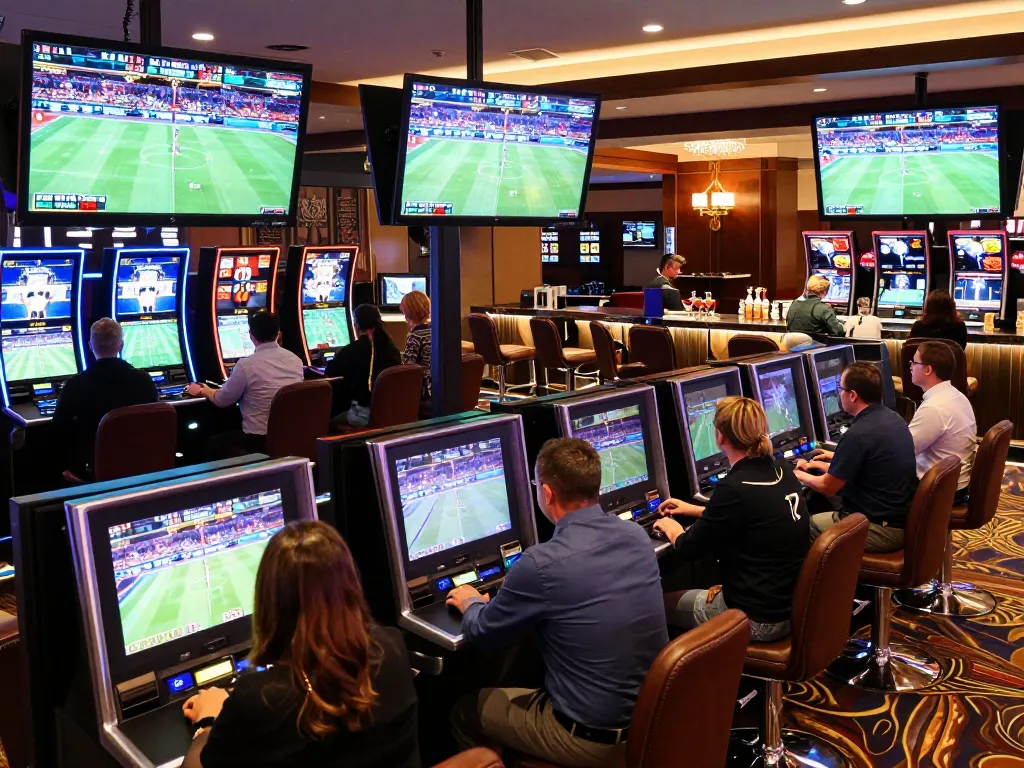 Bsport sports bettors engaging with live betting kiosks at a vibrant casino.