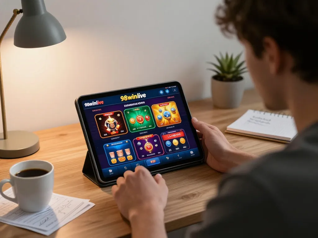 Engaged player using tablet for online gaming at 98winlive, showcasing strategy and entertainment
