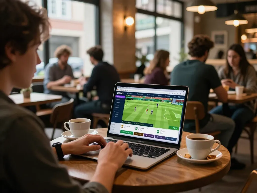 Engaging with live betting on https://crickex.fit/ in a cozy coffee shop setting.