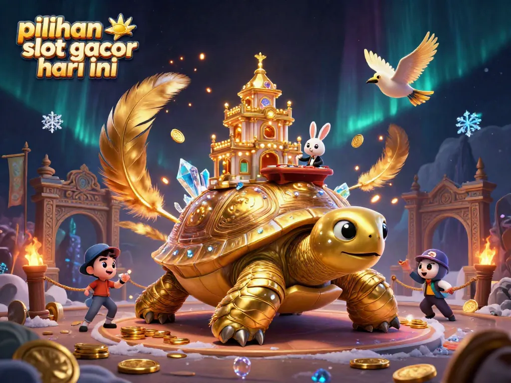 Ilustrasi kasino 3D dengan pilihan slot gacor hari ini menampilkan peluang besar, dealer kelinci, dan koin emas.