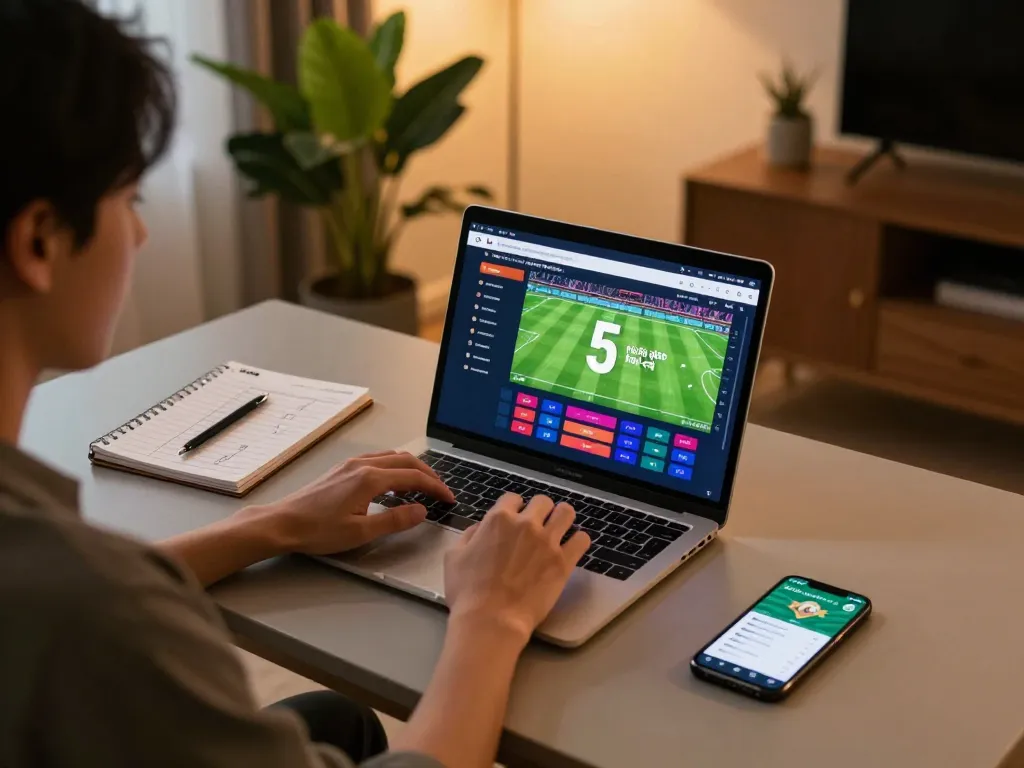Tỷ lệ kèo nhà cái 5 viewed on a sleek laptop during a home sports betting session, with focus on strategy notes.