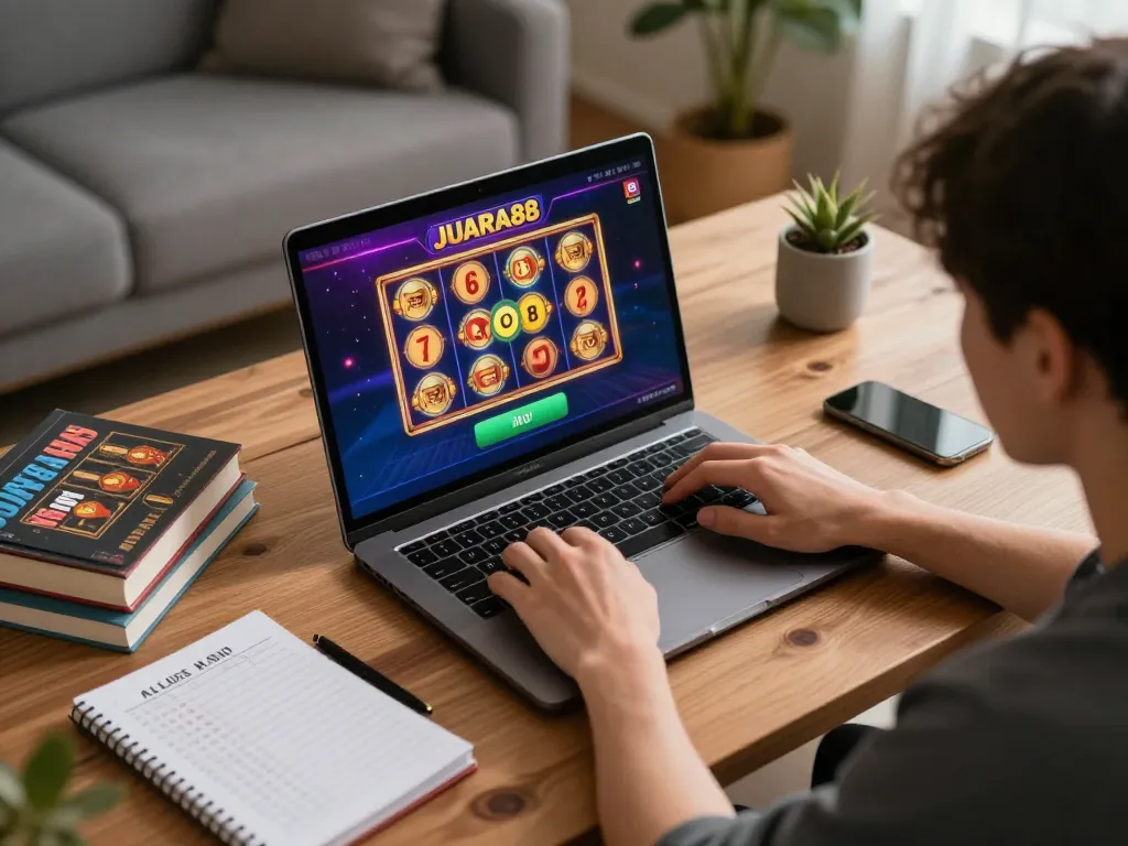 Engaged player using JUARA88 platform for exciting online slot games in a cozy home environment.