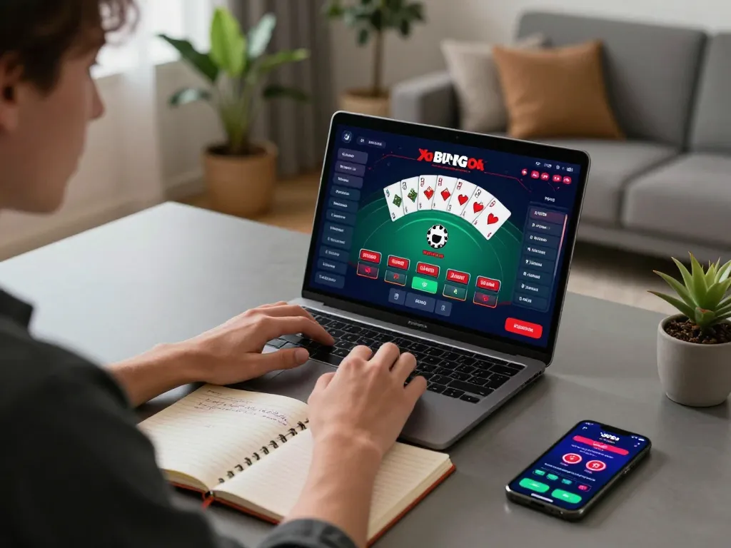 A player engages with poker on website botanicabali using a laptop in a cozy home setup