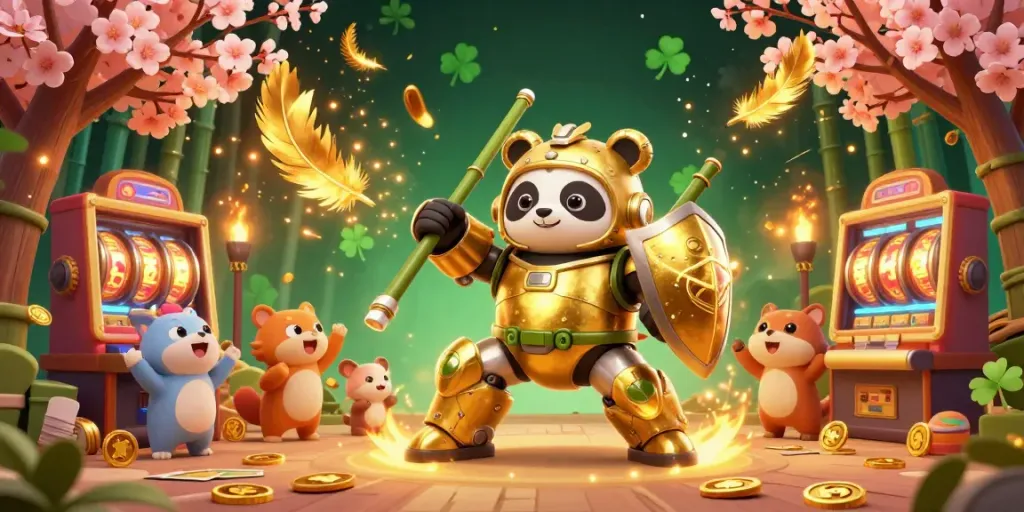 Engage with รวมสล็อต as golden panda and robot slice through animated gaming action.