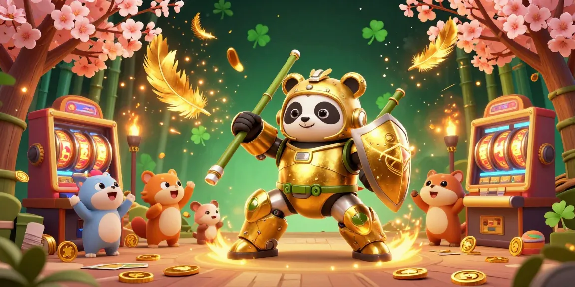 Engage with รวมสล็อต as golden panda and robot slice through animated gaming action.