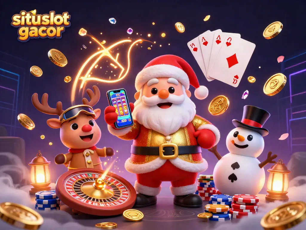 Situs slot gacor menampilkan Santa Claus 3D ramah dan elemen kasino, menangkan jackpot.