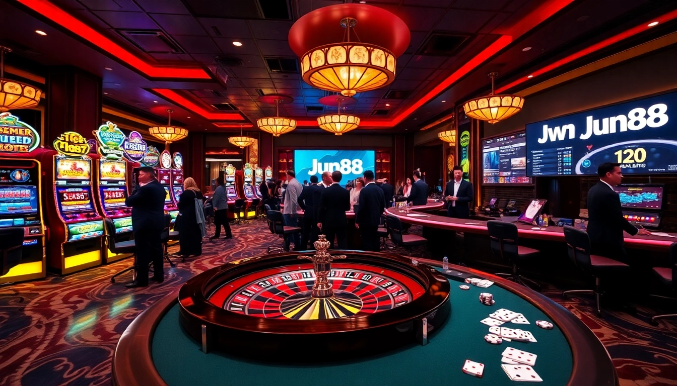 Players enjoying thrilling games at Jun88's luxurious casino, showcasing slots and poker action.