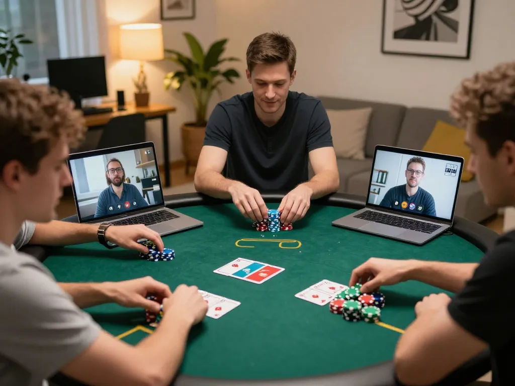 Players đăng ký for online poker game, showcasing colorful chips and engaged strategies in a cozy home office