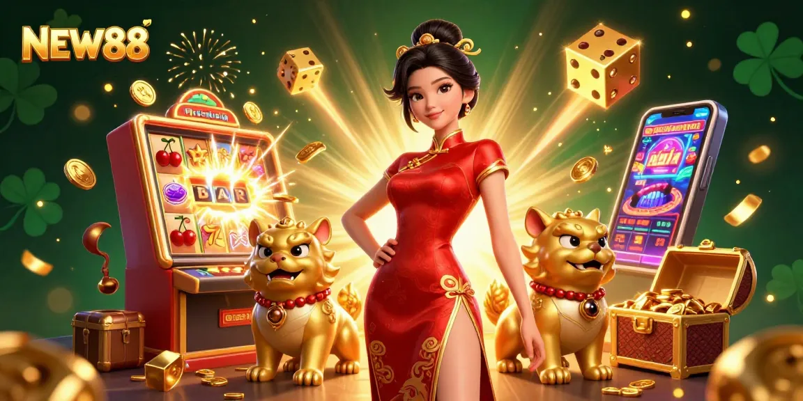 Experience the excitement of NEW88 with a glamorous scene of casino games and captivating characters.