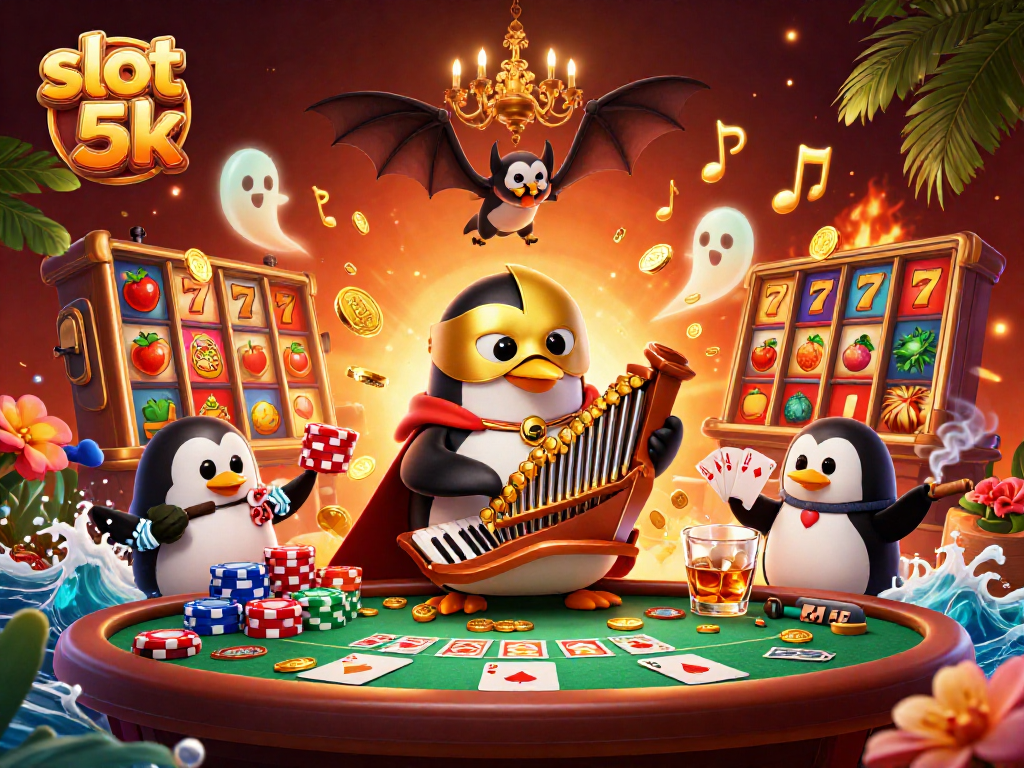 Experience the excitement of slot 5k with a vibrant 3D casino scene featuring a whimsical penguin and dynamic game elements.
