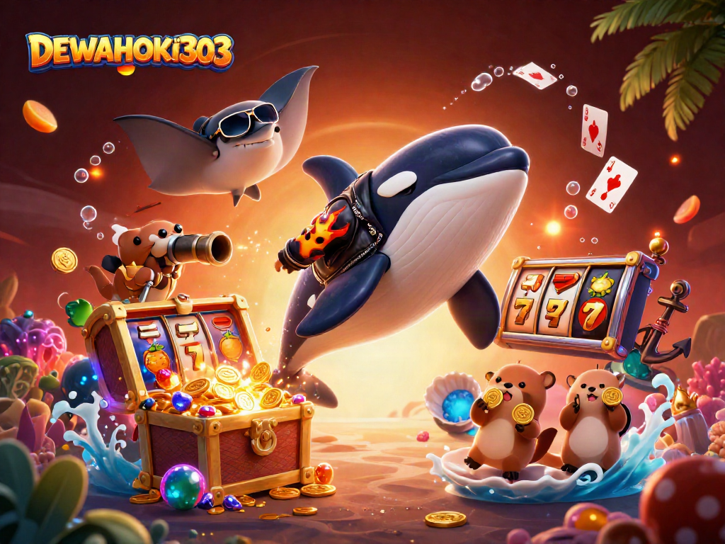 DEWAHOKI303 hadir dengan orca mengemudikan slot dan koin emas pada latar yang menarik
