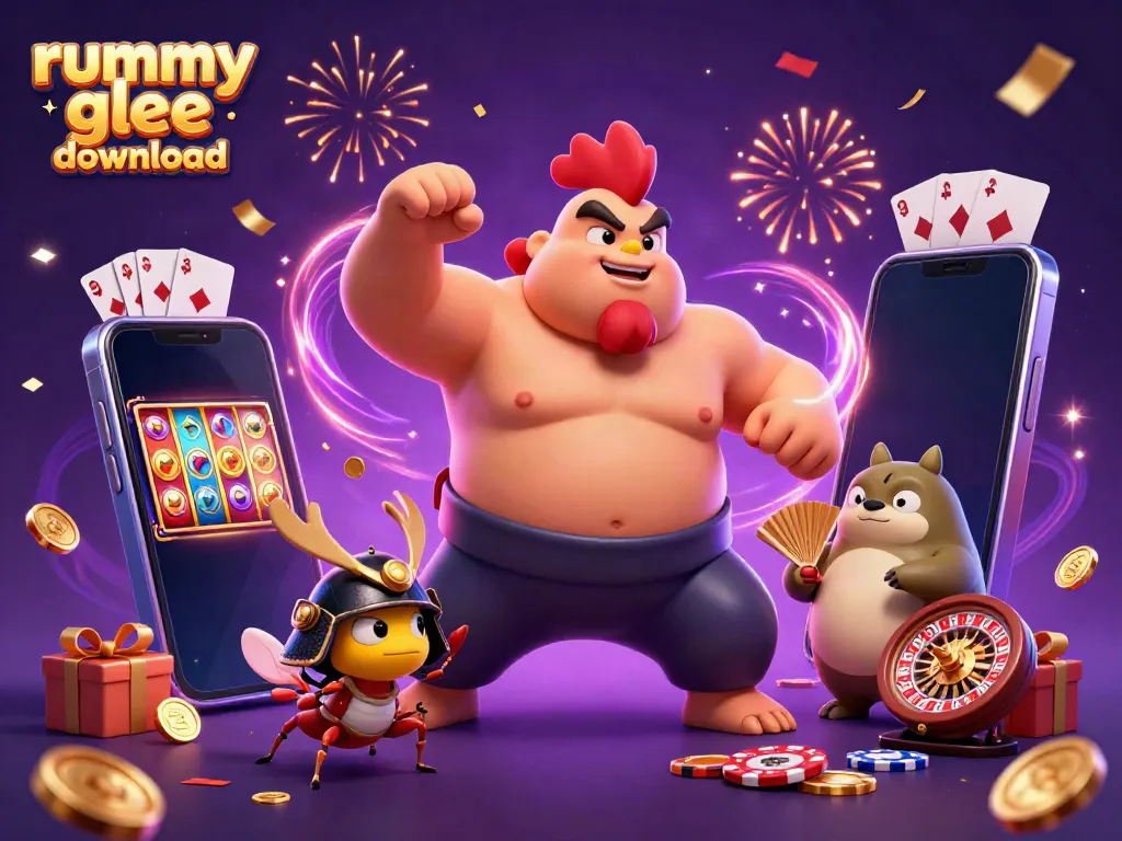 Unduh rummy glee dengan antusias di ilustrasi kasino digital yang meriah