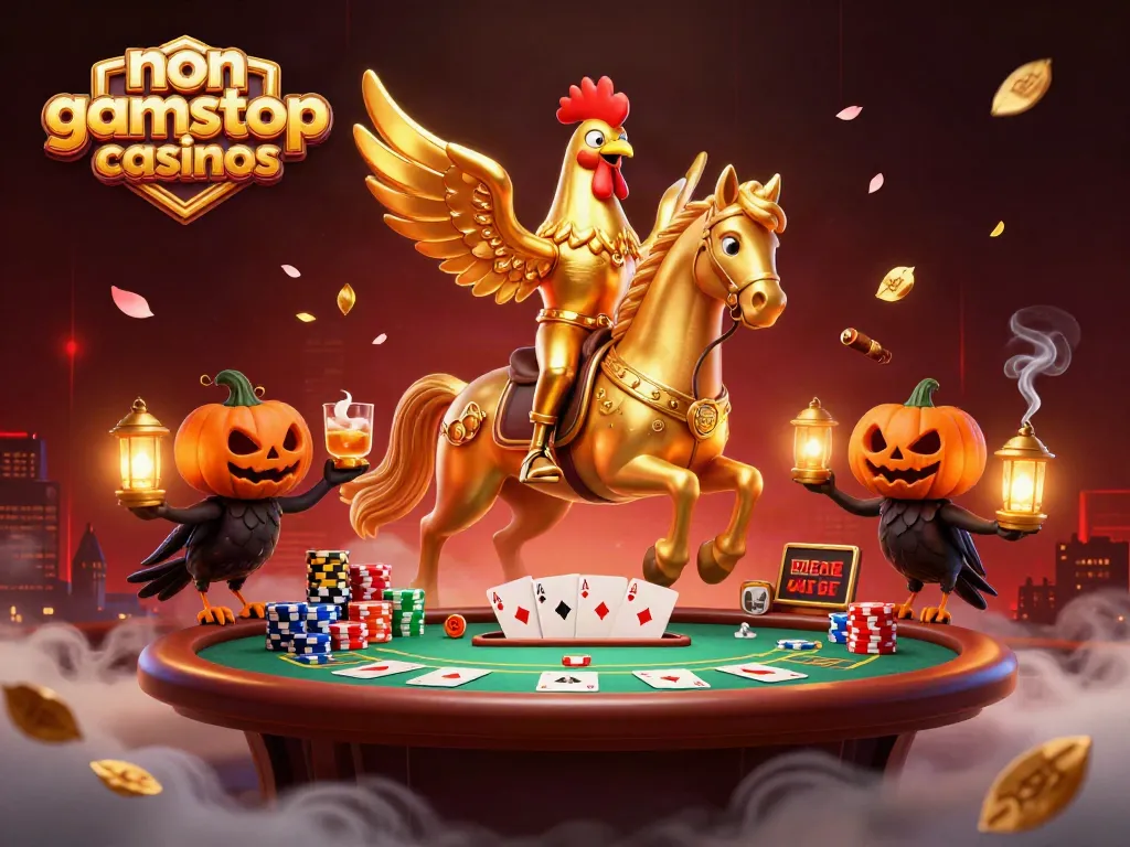 Engage with non gamstop casinos through a lively casino scene featuring animated characters and game elements.