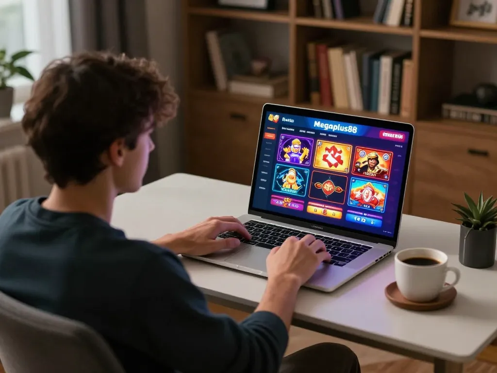 Player enjoying Megaplus88 online casino games in a warm home setting, laptop displaying vibrant game interface.