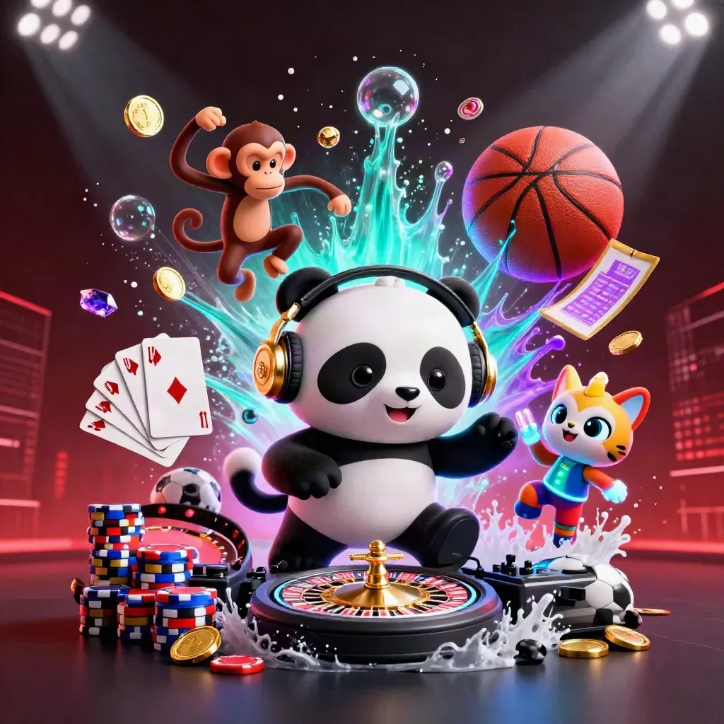 Cartoon panda DJ, monkey, and glow kitten burst around a soccer ball and casino gold.