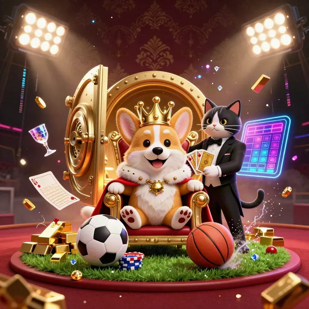 Royal corgi and cat butler amid exploding sports balls, gold vault, chips, and neon casino light.