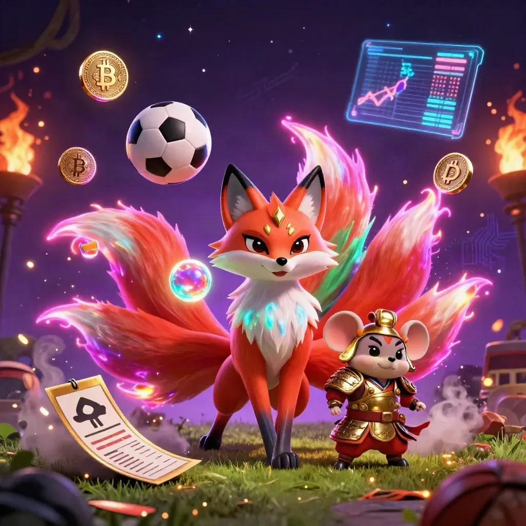 Neon fox spirit and gold-armored mouse amid flying sports balls, coins, sparks, and cosmic magic.