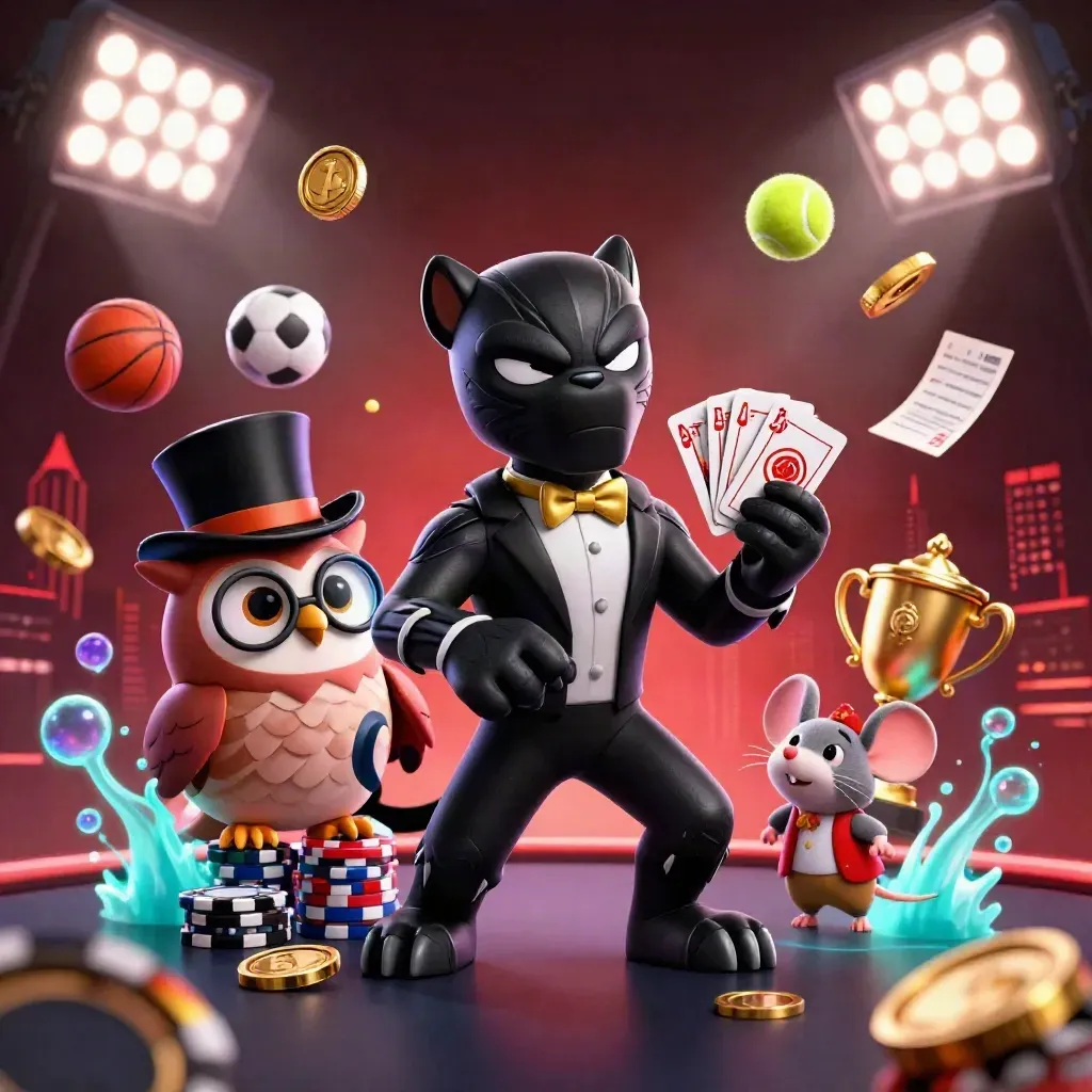 Panther, owl, and mouse in a luxe casino splash with flying sports balls and gold coins.