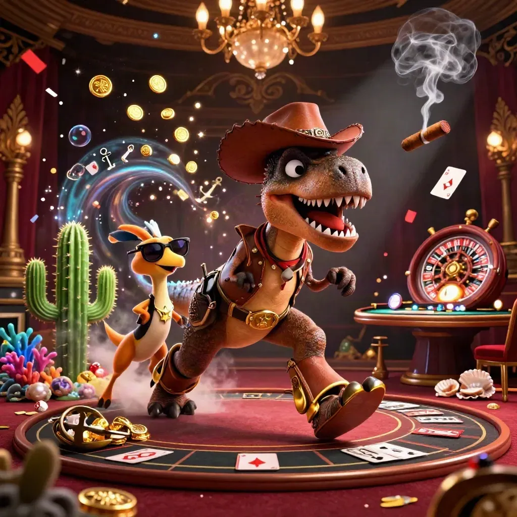Heroic cowboy T-Rex, cactus sidekick, and roadrunner in a luxe casino treasure scene.