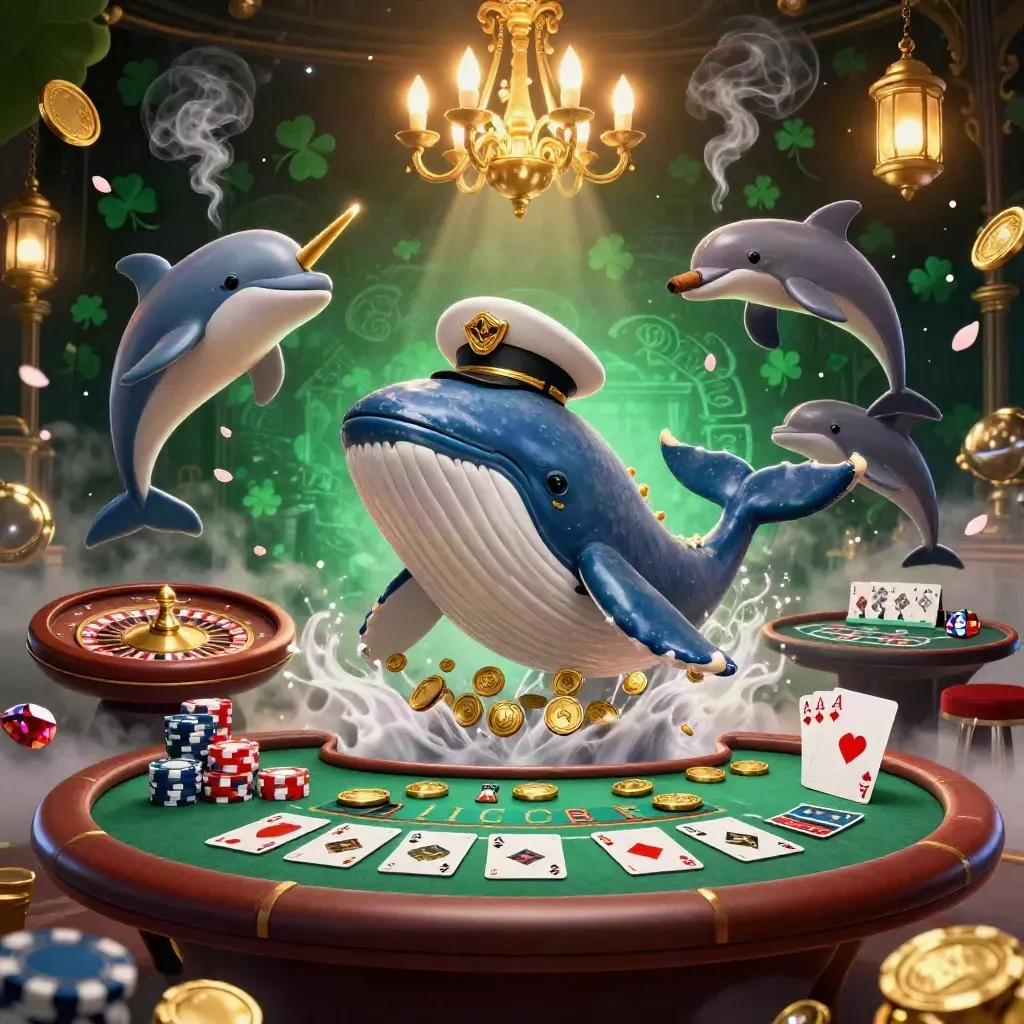 Whale captain, narwhal, and dolphins in a luxe casino room with coins, cards, chips, and neon glow.