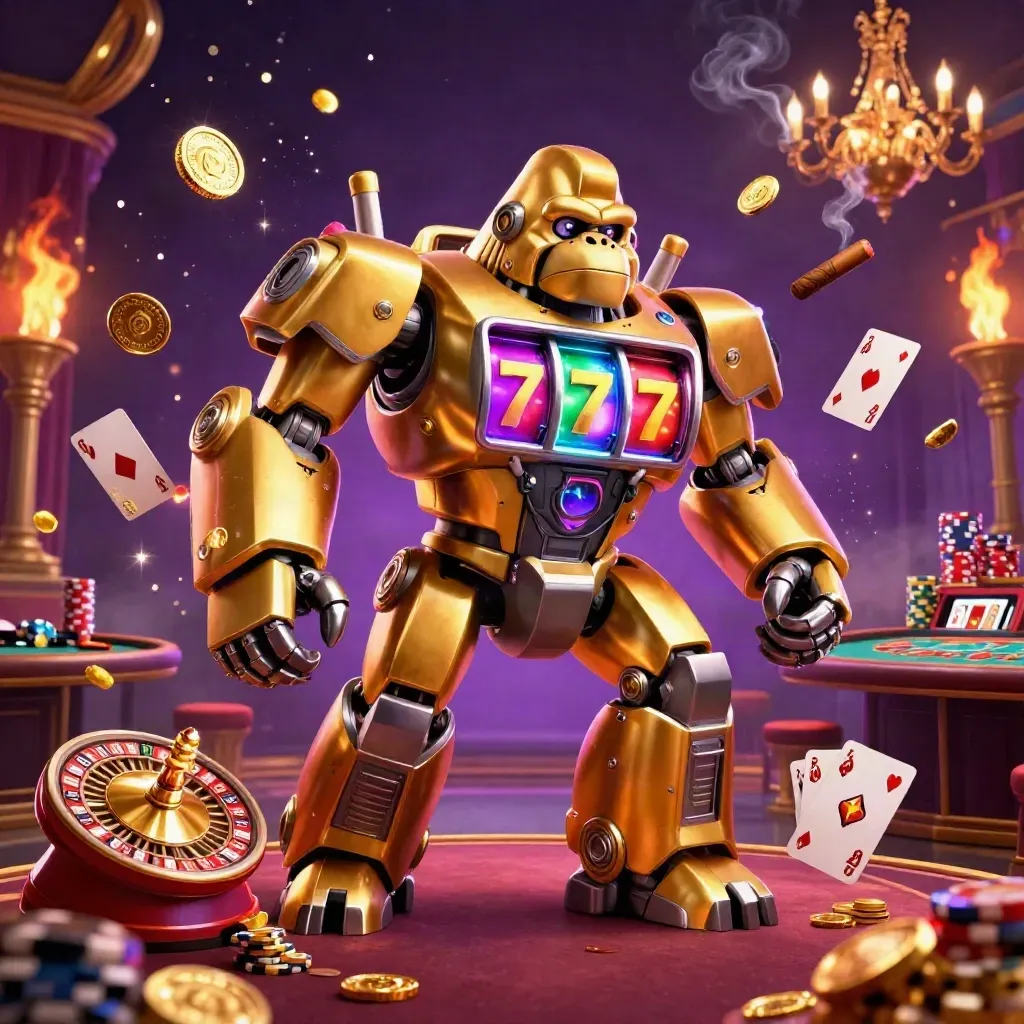 Golden gorilla mech with monkey pilot, casino coins, chips, roulette wheel, and purple-gold smoke.
