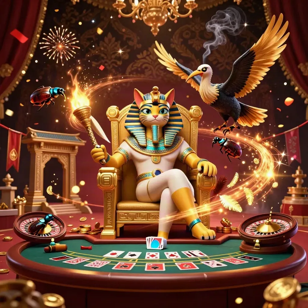 Pharaoh cat, ibis scribe, and gem-winged scarabs in a luxe casino room with roulette and cards.