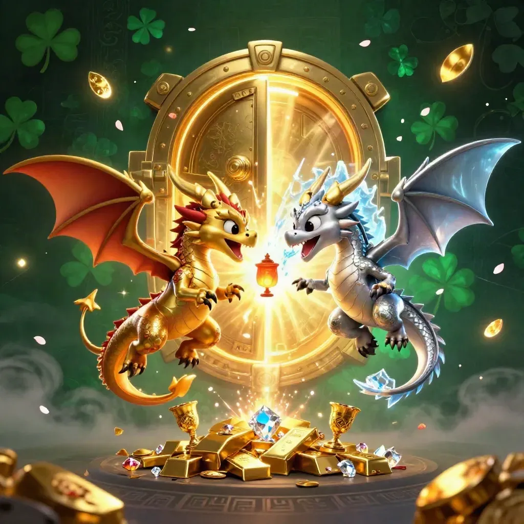 Gold and silver dragons swirl around a vault burst, lantern spirit, gems, petals, and runes.