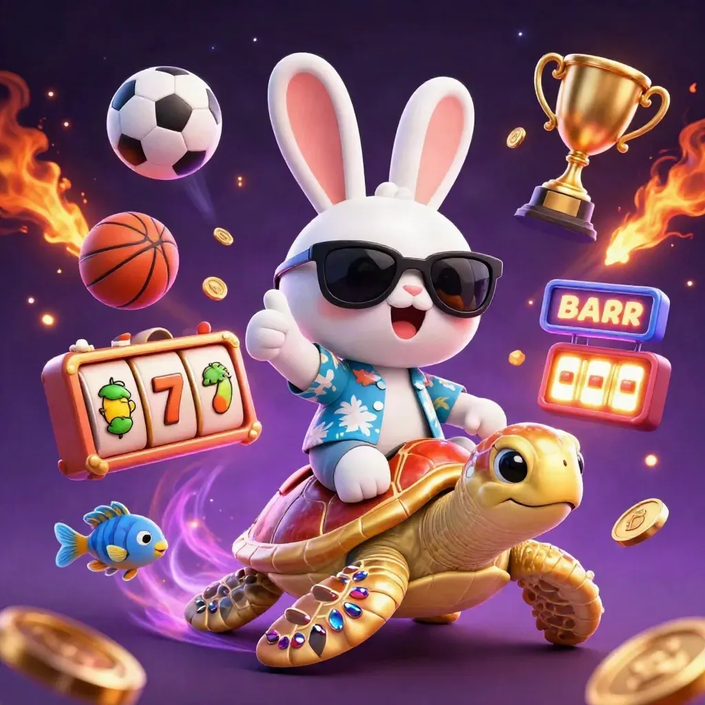 Rabbit in sunglasses rides a gem-shell sea turtle amid casino balls, coins, and neon effects