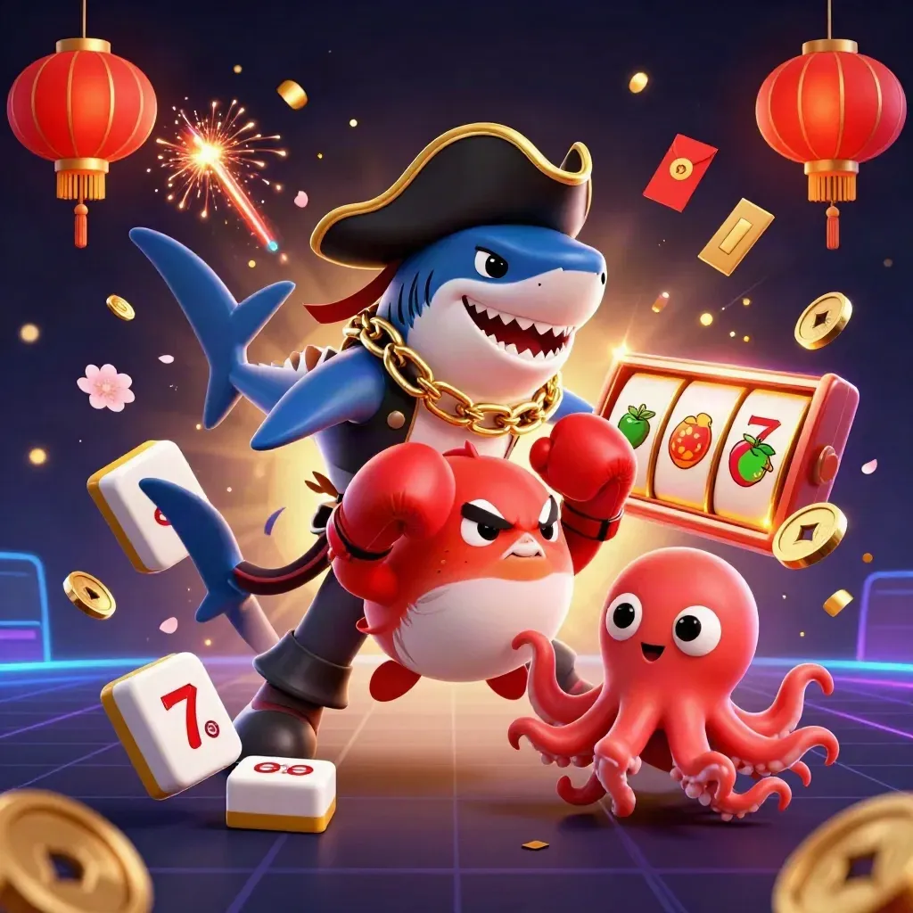Shark pirate, boxing pufferfish, and juggling octopus amid casino loot and neon glow.