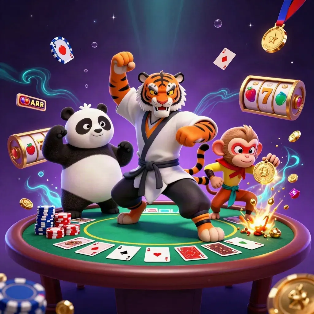Tiger, panda, and monkey amid neon poker chips, cards, reels, and bursting treasure.
