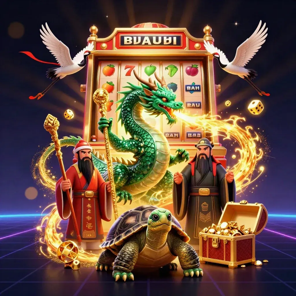 Emerald dragon, turtle sage, and cranes amid casino gold, dice, and bursting slot machine energy.