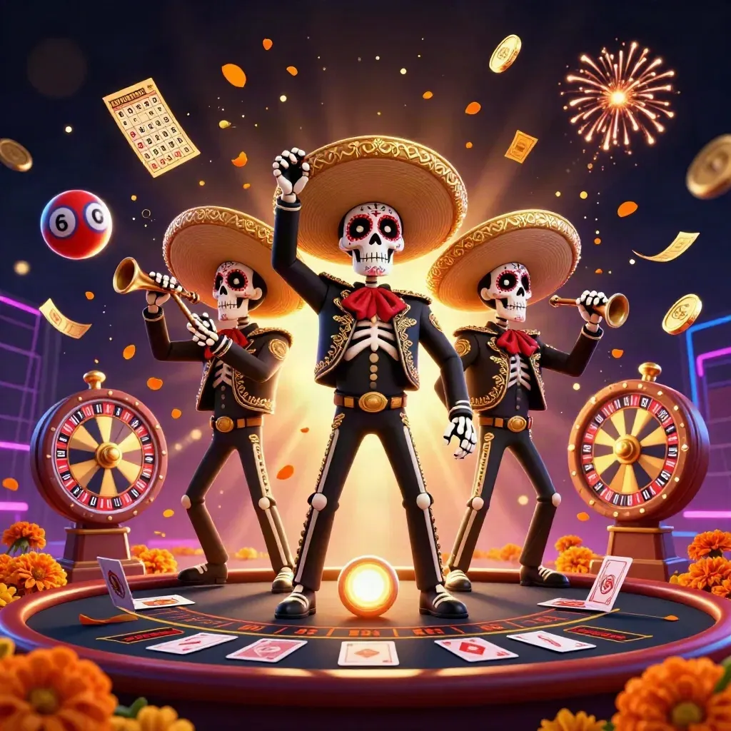 Day-of-the-Dead skeleton mariachi trio amid casino coins, wheels, cards, and fireworks.