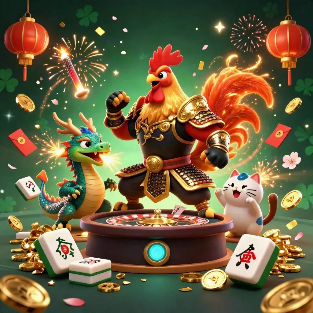 Rooster warrior, dragon hatchling, and fortune cat amid casino treasures, cards, coins, and fireworks.