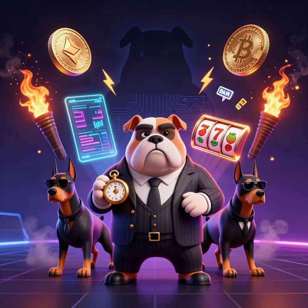 Bulldog mafia boss with two Doberman bodyguards amid neon coins, charts, embers and casino lights