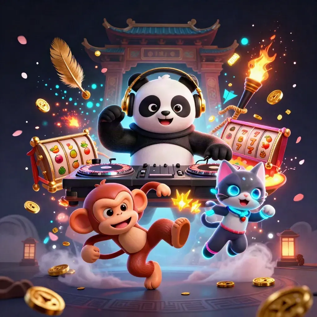 DJ panda, breakdancing monkey, and glow-stick kitten in a neon casino splash scene.
