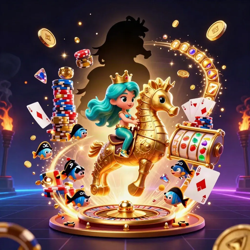 Mermaid princess rides a gold-armoured seahorse amid coins, chips, cards, reels, and pirate fish.