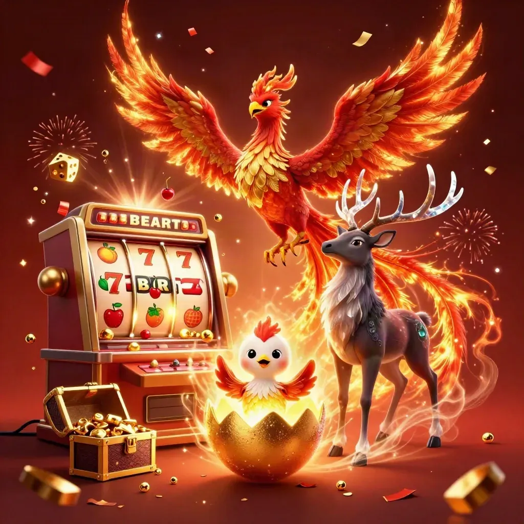 Fire phoenix, hatching chick, and crystal stag amid slot reels, gold, and jackpot effects.
