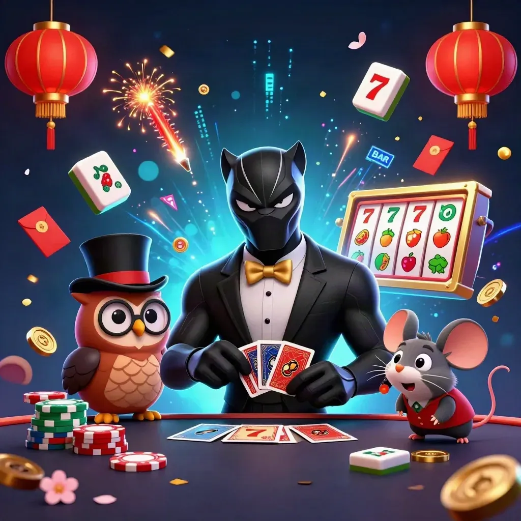 Panther dealer, owl and mouse amid casino magic, chips, lanterns, reels and cyan energy.