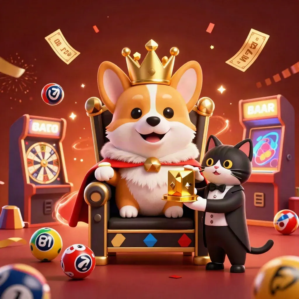 Royal corgi and cat butler amid casino chips, reels, confetti, fireworks, and glowing ember magic