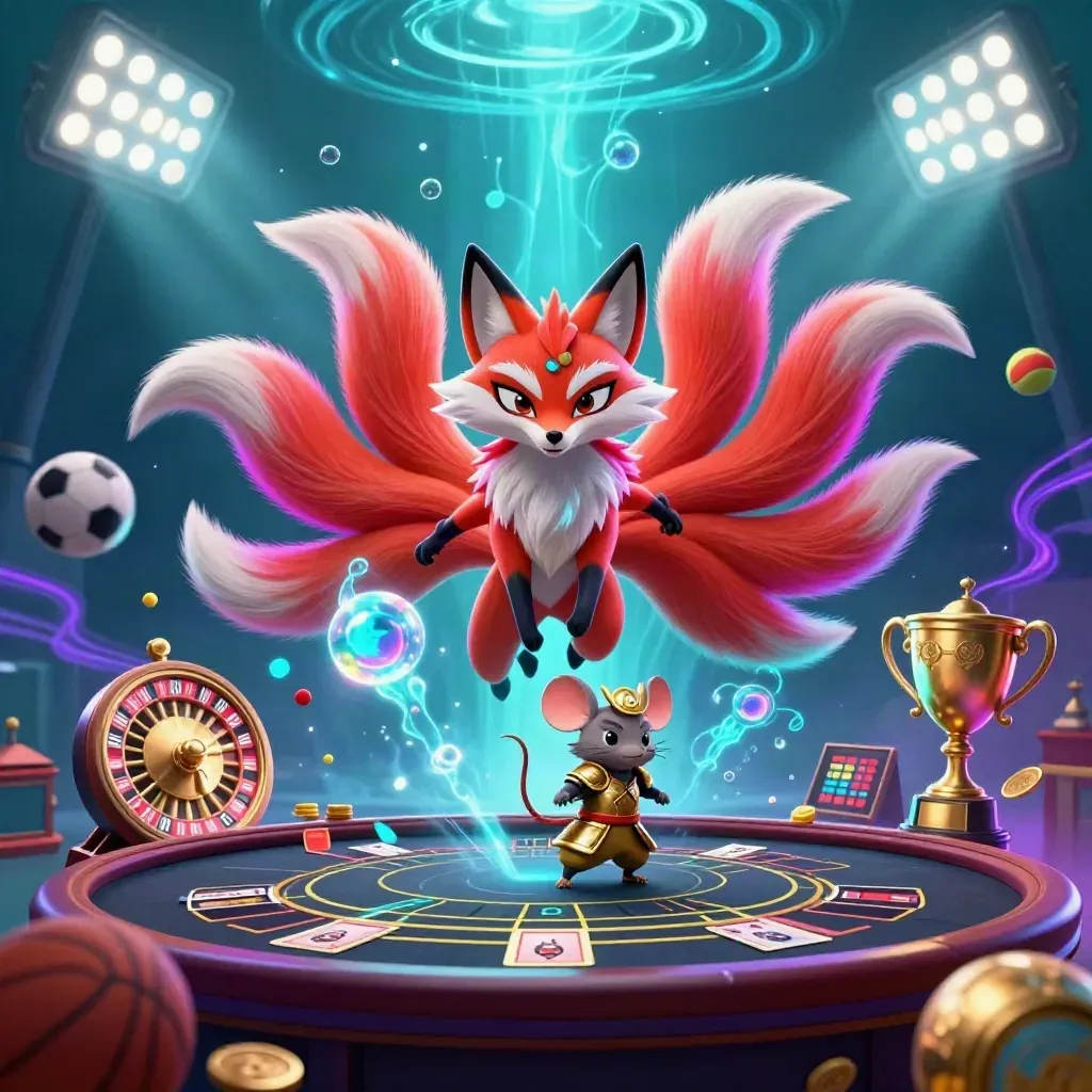 Neon fox spirit and golden mouse amid casino tokens underwater