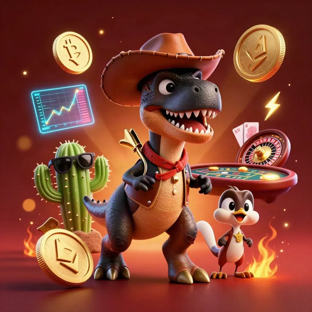 Cowboy T-Rex, cactus sidekick, and roadrunner amid casino coins, cards, and neon sparks.